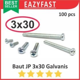 Baut JP M3 30mm 3x30 3 x 30 mm M3x30 Galvanis Putih Phillips Screw Drat Halus Pack isi 100 Pcs Skrup