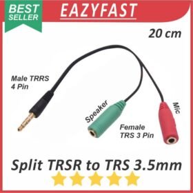 Kabel Splitter Audio 1 Male TRRS to 2 Feale TRRS 3.5mm Mic Microphone Speaker Headset Pisah 3 4 Pin Ring