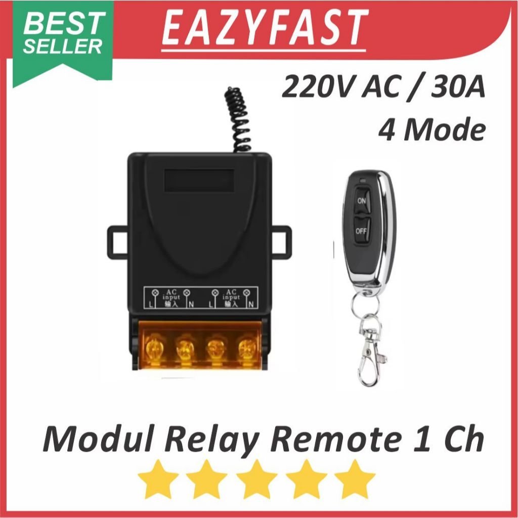 ginee_20251027101241635_3932023463-1.jpeg Modul Switch 1 Remote Relay Saklar On Off 220V AC 30A 4 Mode Radio Wireless 433Mhz Lampu Pagar Kipas Pompa Remot Jarak Jauh - Image 1