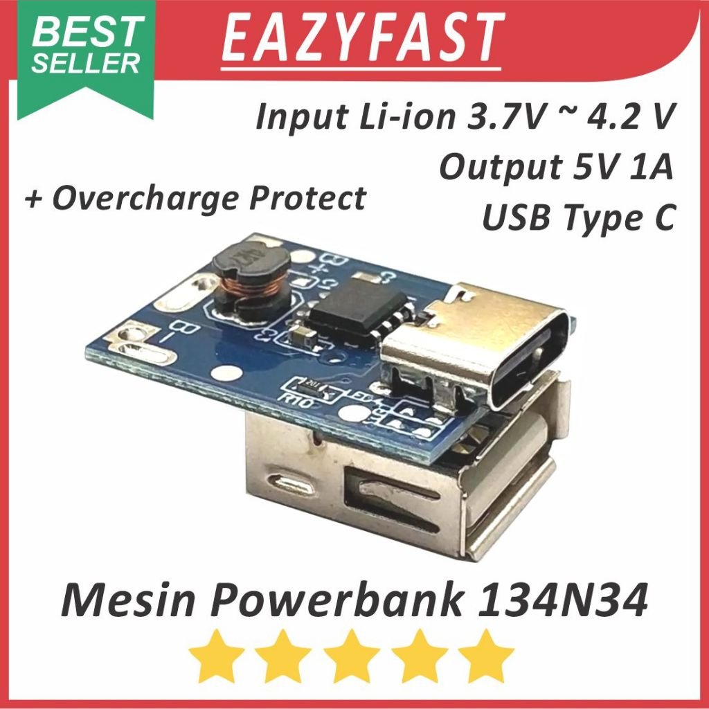 ginee_20251209105924228_9641590730.jpeg Modul Step Up Mesin Powerbank USB Type C 134N3P Biru 5V 1A DIY PB Power Bank Module Lithium 18650 Overcharge Protection Auto Cut Off Protect Board Blue - Image 1