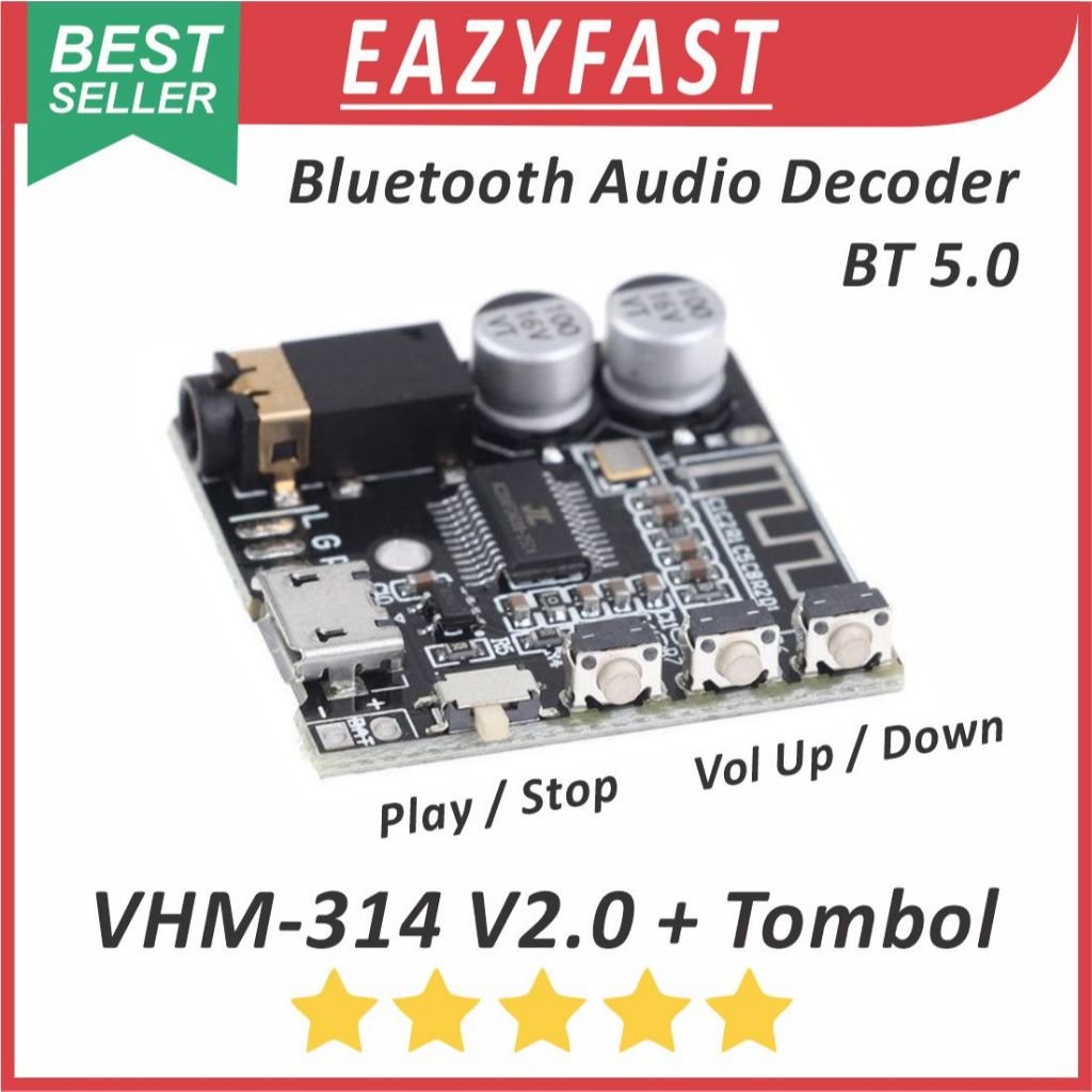ginee_20260128163129113_4827342311.jpeg Modul Audio Receiver VHM 314 V2 Bluetooth BT 5.0 Stereo Out AUX 3.5mm Module Board Tombol Play Volume - Image 1